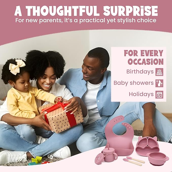 Baby Feeding Essentials, Baby Led Weaning Supplies, Silicone Baby Feeding Set, with Baby Spoon, Fork, Baby Bib, Sippy Cup, Suction Plate, Suction Bowl, Baby Eating Essentials, 6+ Months (Dark Pink)