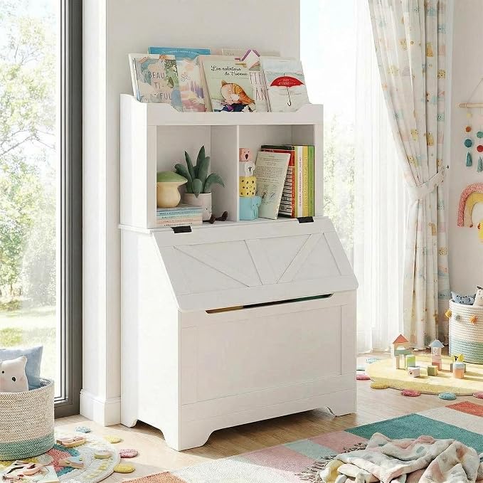 Kids Bookshelf, Toy Storage Organizer with Flip-Top Lid and Cubby, Wood Kids Bookcases Fit for Playroom, Children's Room, Bedroom, Nursery School