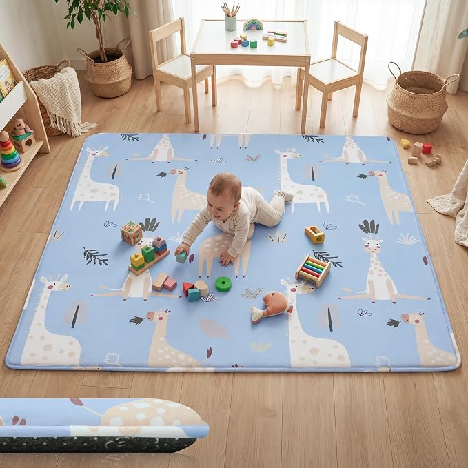 1.5" Thick Premium Baby Floor Play Mat, 71x79 Over-Sized Padded Memory Foam Mat, Tummy Time Crawling Playmat for Nursery Kids Playroom, Giraffe