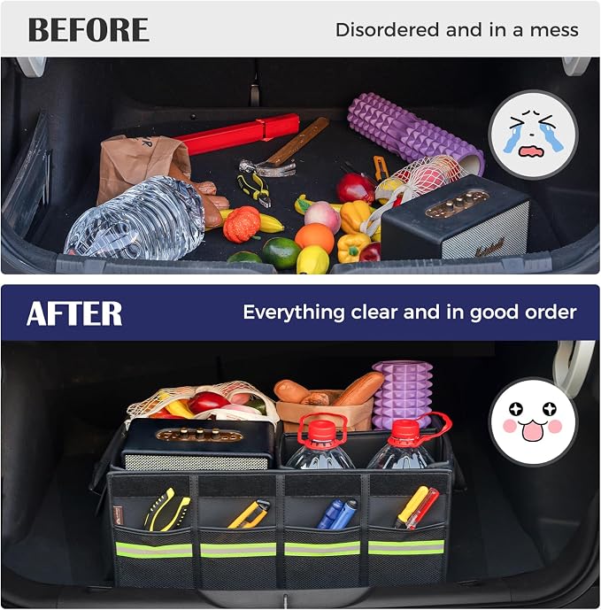 Coverado Car Trunk Organizer - 70L Nappa Leather Trunk Organizer for SUV with Lid, Multi Collapsible Car Storage Organizer Foldable, Multi Compartments with 2 Straps for SUV/Truck