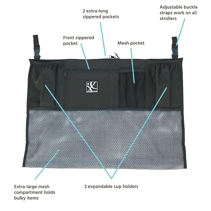 J.L. Childress Double Stroller Organizer with Large Mesh Storage Compartment - Stroller Accessory with Extra-Large Storage Bag - Deep Cup Holders - Multiple Zippered Pockets - Black