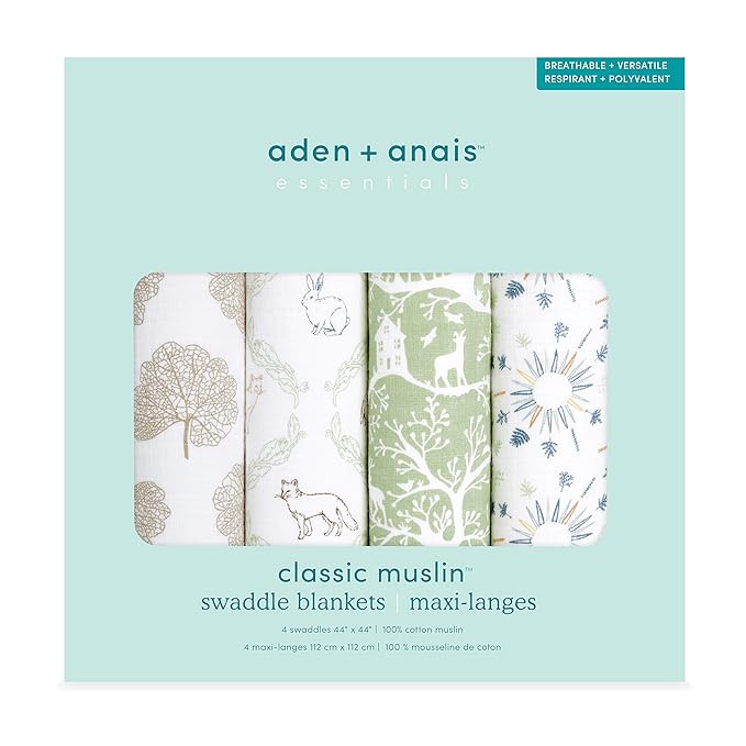 aden + anais Essentials Muslin Swaddle Blankets for Baby Girls and Boys, Newborn Receiving Blanket for Swaddling, 100% Cotton Baby Swaddle Wrap, 4 Pack, Harmony