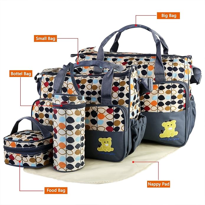 5-Pack Mummy Diaper Shoulder Bag Set w/Changing Pad ??Large Water-Resistant Nappy Bag with Insulated Pockets
