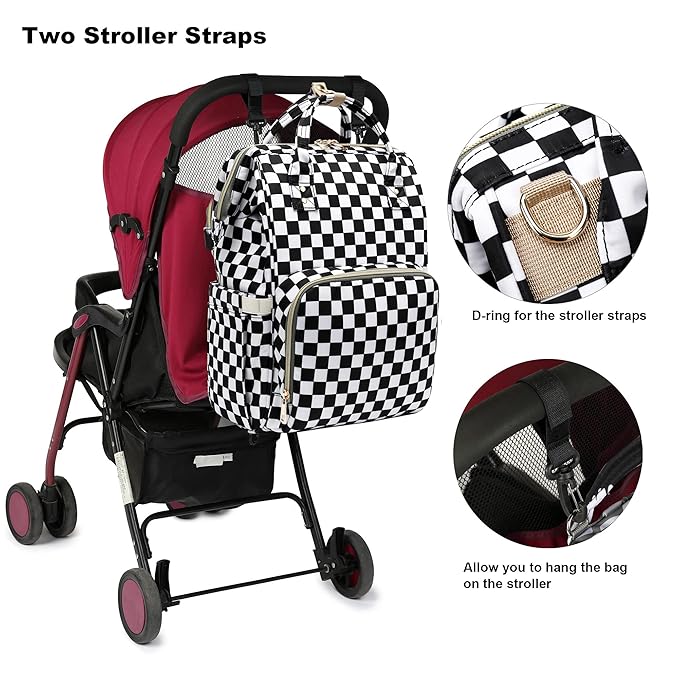 Checkered Diaper Bag Backpack for Baby Girls, Mom Waterproof Large Nappy Bags for Women