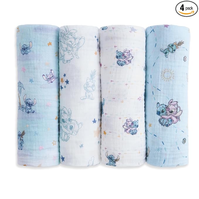 aden + anais Essentials Muslin Swaddle Blankets, Newborn Receiving Blanket for Swaddling, 100% Cotton Baby Swaddle Wrap, 4 Pack, Lilo & Stitch