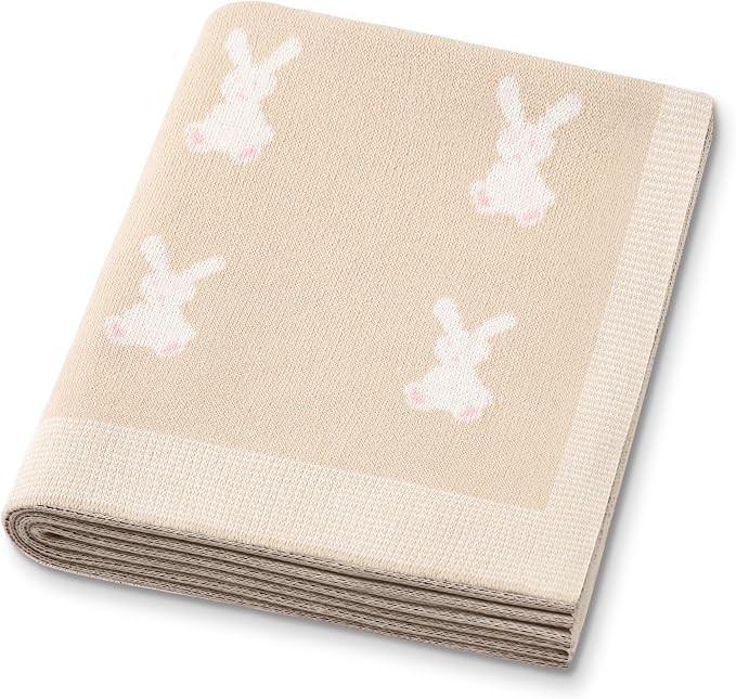 Organic Cotton Baby Blanket - Soft Luxury Knit Receiving Blanket for Newborns & Toddlers, Cozy Breathable Stroller Blanket with Pattern, Unisex, 30x40Inch（Bunny-Khaki）