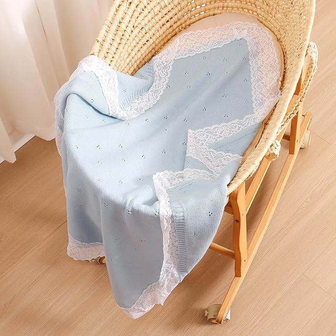 Hadetoto Cotton Lace Knit Baby Blankets, Super Soft Lightweight Crib Blanket for Infant Boys Girls, Nursery Bedding (Light Blue)