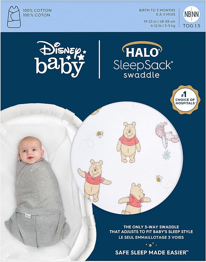 HALO Disney Baby 100% Cotton Sleepsack Swaddle, 3-Way Adjustable Wearable Blanket, TOG 1.5, Winnie Rainbows, Newborn, 0-3 Months