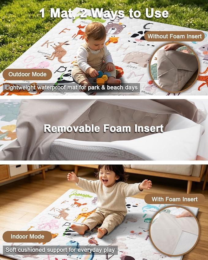 2-in-1 Baby Play Mat Indoor & Outdoor, 50x50in Thick Foam Playpen Mat with Waterproof Removable Cover, Non-Slip Soft Crawling Floor Mat for Infants, Toddlers, Travel, Picnic & Camping, Alphabet