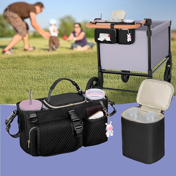 Parent Console Stroller Organizer Compatible with WONDERFOLD W2&W4&X, Wagon Stroller Caddy with 2 Insulated Cup Holders, A Removable Cooler Bag, Black (Empty Bag)
