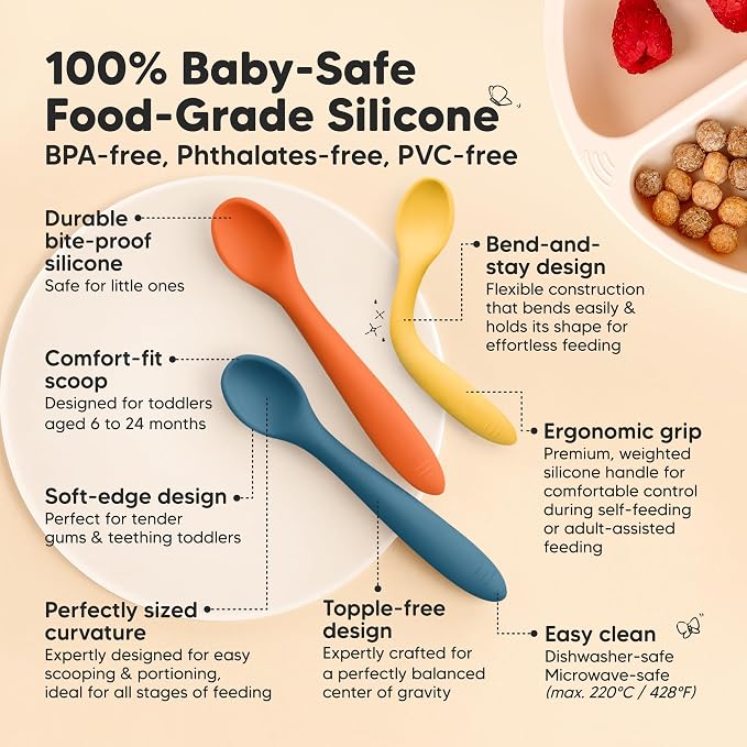 KeaBabies 3-Pack Silicone Baby Spoons and 2-Pack Baby Bowls with Suctions, Lids - Toddler First Food Training Spoon - Silicone Suction Bowls for Boy, Girl
