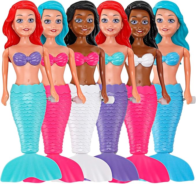 Mermaid Bath Toys for Toddlers Kids Girls - Princess Wind Up Tail Flap Floating Water Bathtub Toys, Swimming Pool Bathing Time Fun (6 Pack)