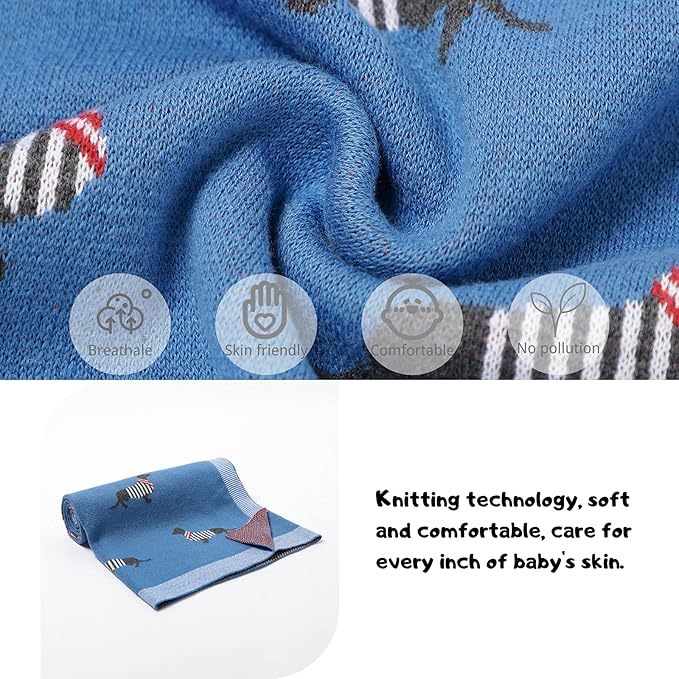 Opewod Baby Blanket Knitted 100% Cotton Soft Blankets for Newborn Boy Girls Cute Dog Dachshund 30x40 inches Jean Blue