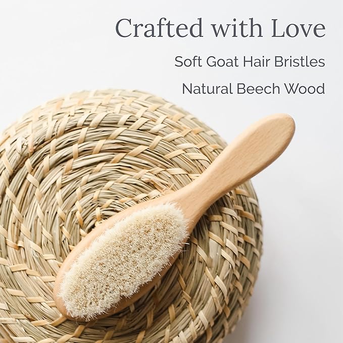 Natemia Wooden Baby Hair Brush - Natural Goat Hair Bristles - Gentle Soft Bristles for Scalp Massage - Cradle Cap Comb for Flake Removal - For Baby Grooming Kit & Toddler Hair Brush