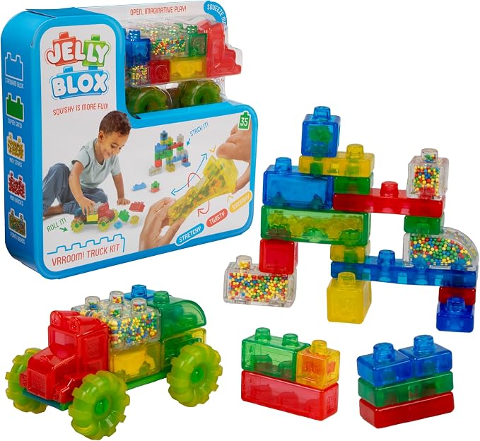 Goliath Jelly Blox Vrroom! Truck Kit | Includes 35 Blocks | Toddler & Preschool Building Blocks Kids Can Squeeze, Stretch, Squish | MESH ACCREDITED | Safety Tested Ouch-Free | Sensory Play Toy Ages 2+