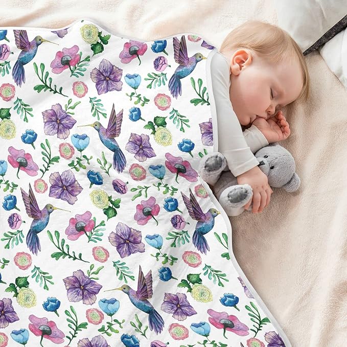 Ollabaky Floral Hummingbird Baby Blanket for Boys Girls, Cotton Toddler Newborn Swaddle Blanket for Stroller Crib Nursery Receiving Blanket Infant Unisex 30"x40"