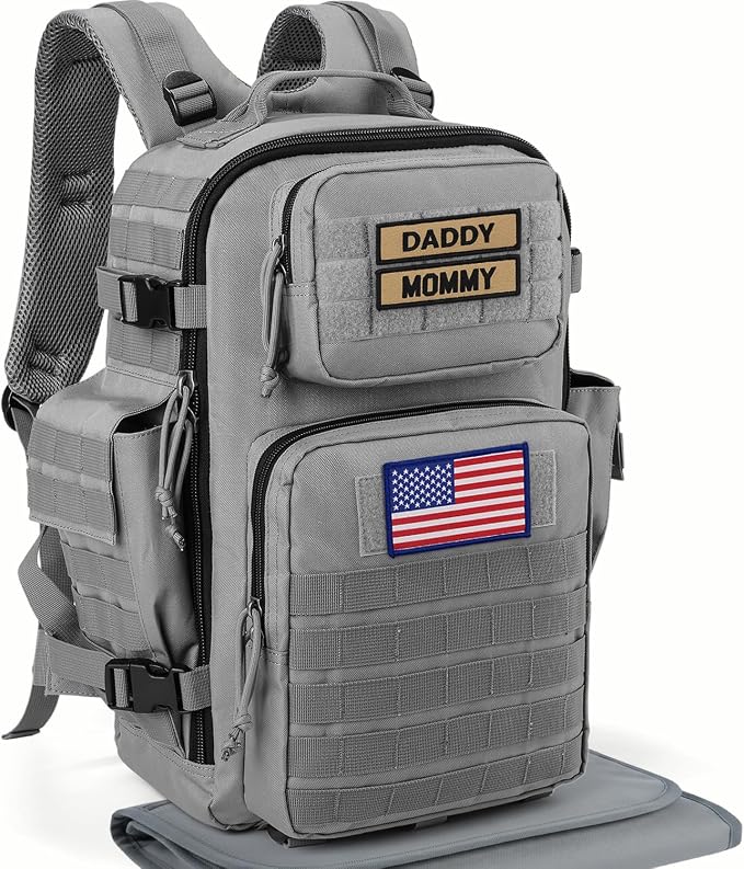 SHARKMOUTH Baby Diaper Bag for Dad - Large Military Daddy Gear Backpack with Changing Pad for Travel Camping Hiking - Newborn Baby Shower Gifts Gray