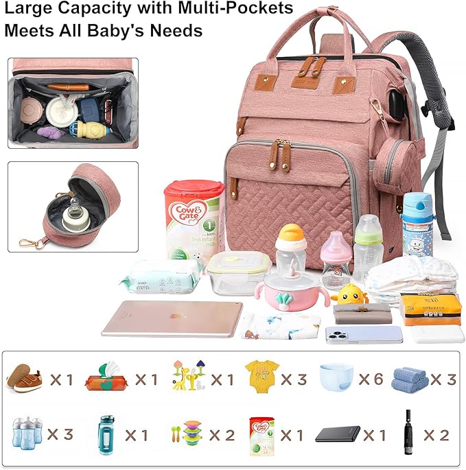 Baby Diaper Bags with Changing Station, Large Capacity Diaper Bag Backpack for Moms Dads with USB Charging Port,Travel Baby Bag with Pacifier Case & Stroller Straps(Up-Pink)