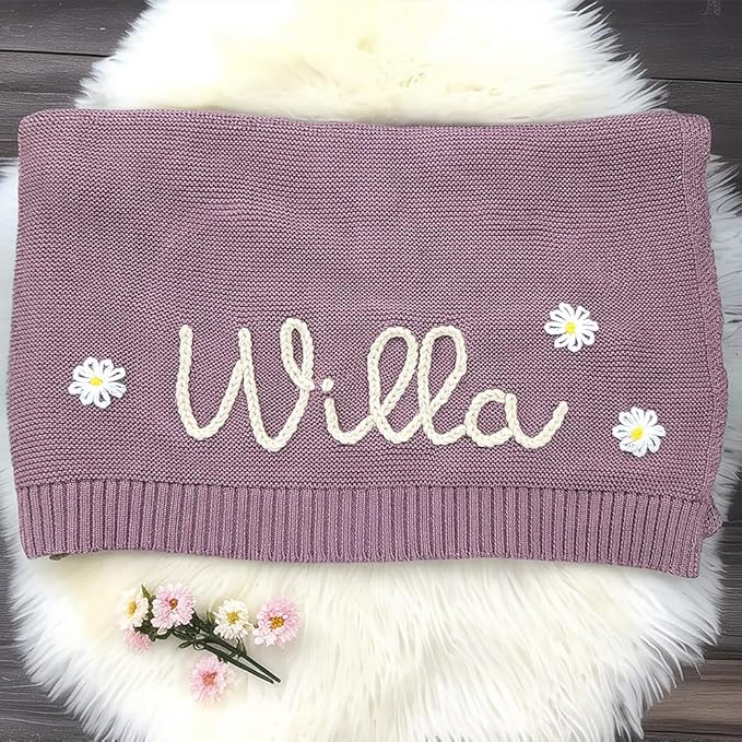 Personalized Knit Hand Embroidered Baby Name Blanket Custom Embroidery Cotton Nursery Blanket Gifts for Newborn Baby Boy and Girl Newborn Holiday Shower Gift Cotton Knit Stroller
