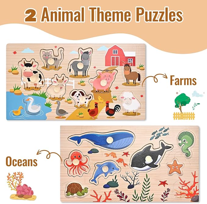 Wooden Peg Puzzles for Toddlers 1-3, Montessori Puzzles, Great Preschool Educational Learning Gifts for Girls and Boys