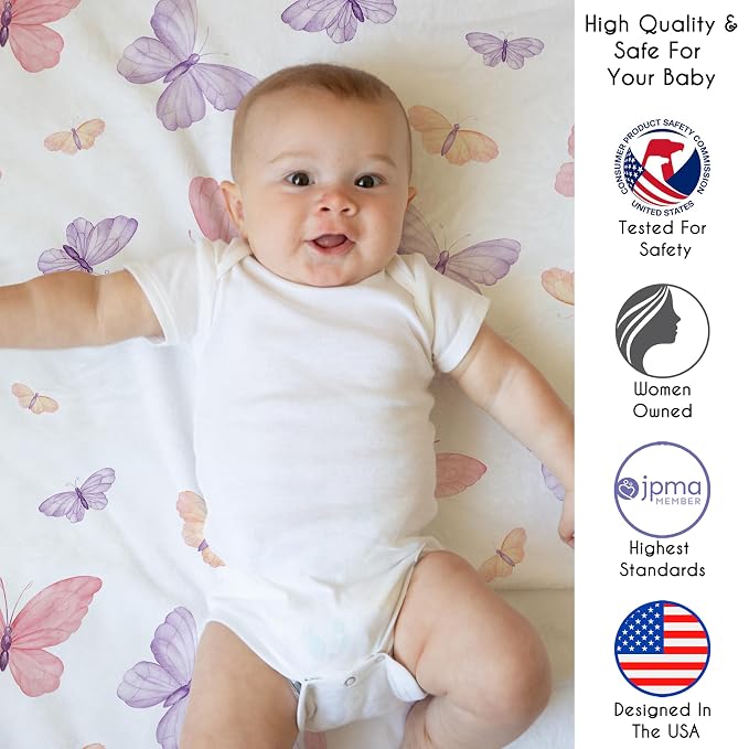 Sweet Jojo Designs Pink/Purple Shabby Chic Butterfly Girl Baby Play Mat Tummy Time Activity, Toddler Floor Infant Playmat - Colorful, Butterflies, Pastel, Lilac, Watercolor, Blush, Yellow, Lavender