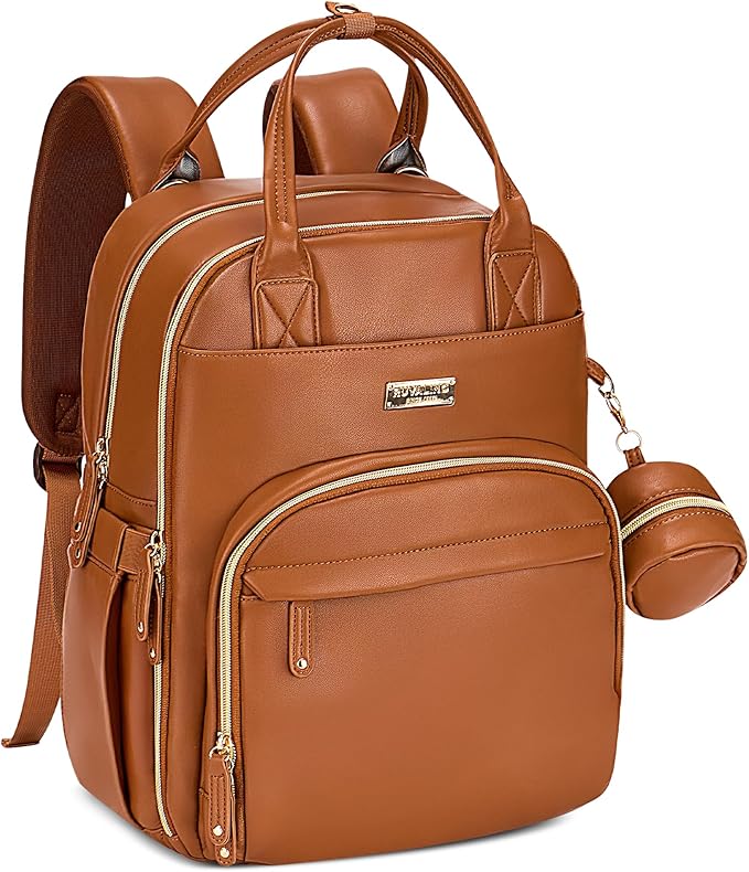 RUVALINO Diaper Bag Backpack, Multifunction Travel Pack Maternity Baby Changing Bags, Large Capacity, Waterproof, Brown