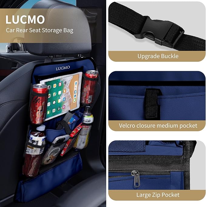 LUCMO Car Backseat Organizer with Touch Screen Tablet Holder-2 Pcs,9 Storage Pockets Car Storage Organizer Protectors Kick Mats Travel Accessories for Kids-Dark Blue