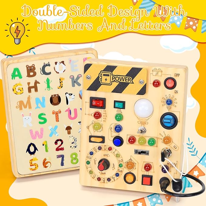 RichBoy Busy Board Montessori Sensory Toy, 37-in-1 Switch Board with 24 LED Lights, Birthday Gift for 1 2 3 Year Old Boys Girls, Safety for Toddlers Home Travel Essentials (6.7" X 5.3")