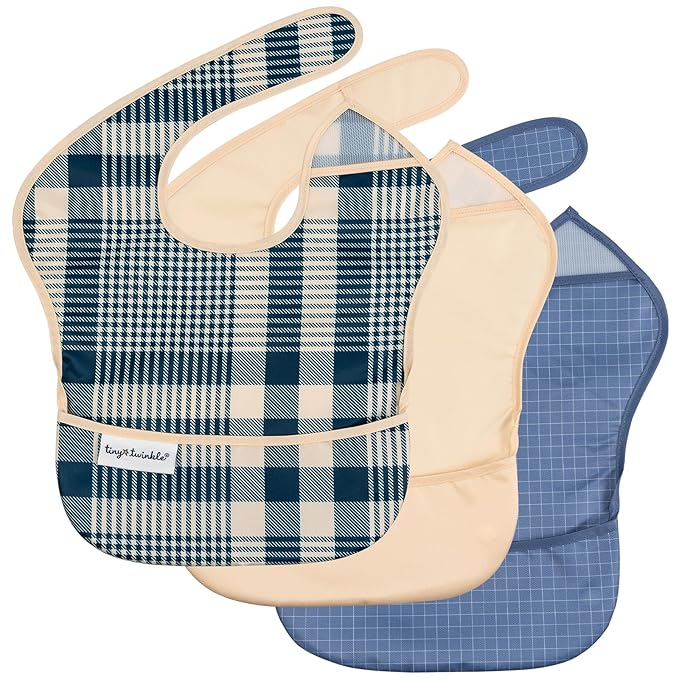 Tiny Twinkle Mess-Proof Baby Bibs for Eating | Waterproof, Wipeable Toddler Bibs with Catch-All Pocket | Feeding Bibs for Girls & Boys(3 Pack,Gingham,Grid)