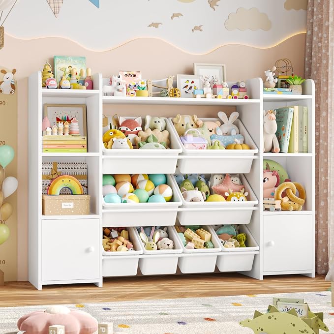 FOTOSOK Toy Storage Organizer with 8 Toy Bins, Toy Organizer Kids Bookshelf with 6 Storage Cubbies, Stuffed Animal Storage Organizer, Playroom Storage and Toy Chest, White