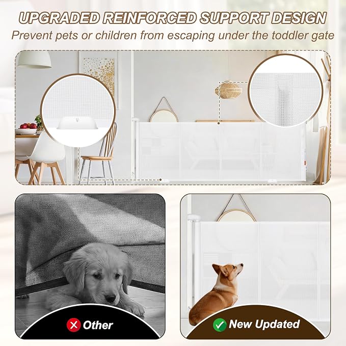 Reinforced 118" Wide Retractable Gate with Reinforced Strips, Indoor/Outdoor Retractable Dog Gate for Doorway Prevent Bottom Drilling Through, Safety Mesh Gate, White