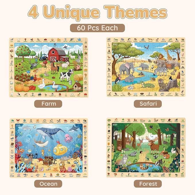 Joyreal Wooden Puzzles for Kids Ages 4-6, 4 x 60 Piece Search and Find Puzzles for Toddlers 3-5, Educational Animal Learning Toys, Birthday Gifts for 3 4 5 6 Year Old Boys Girls