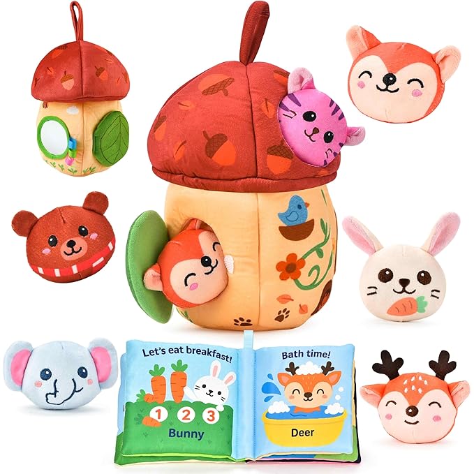 Montessori Toys for 1 Year Old & 6–12 Months Babies, Sensory Developmental Playset with Acorn House, Plush Animals & Cloth Book, Valentines Day Gifts, Easter Basket Stuffers