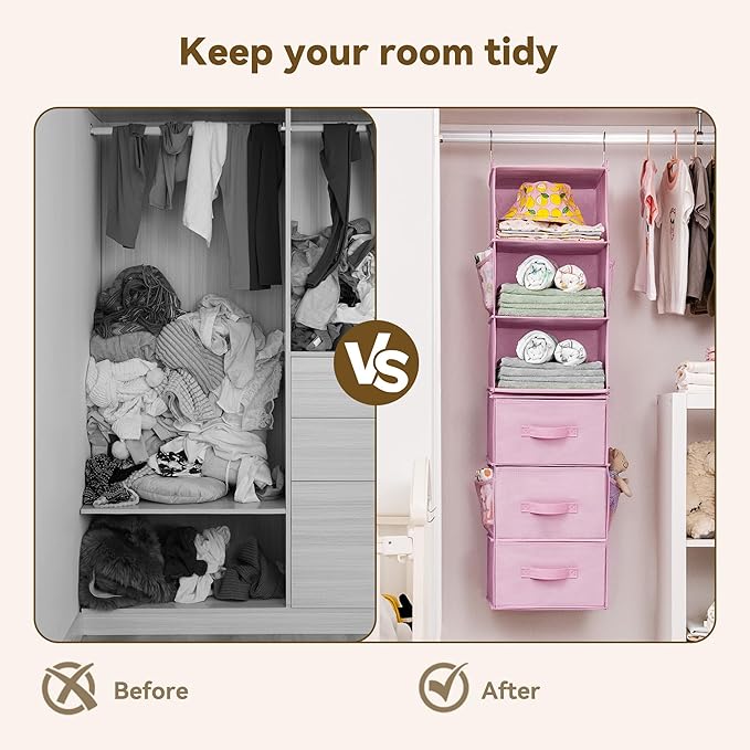 GRANNY SAYS Hanging Closet Organizer 6-Shelf, Separable to 2 Pack 3-Shelf Closet Storage Organizer with 4 Side Pockets, 3 Different Drawers, Portable Hanging Shelves for Baby Clothes, Sweater, Pink