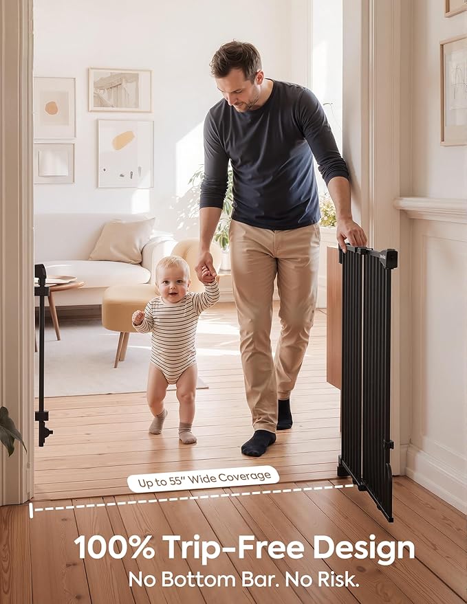Babelio Removable & No Bottom Bar Baby Gate, 35.5-55" Hardware Mounted (Drill Needed)| Wide Walk-Thru| Auto-Close Safety Dog/Pet Gate for Stairs & Doorways (Black, 35.5-55" W, 30" H)