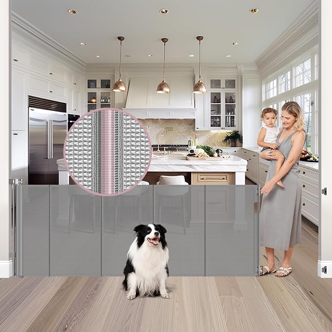 Reinforced 72" Wide Retractable Dog Gate with Support Rods - Prevent Crawling Under Extra Wide Baby Gate Retractable Gate Outdoor, Retractable Pet Gate Long Dog Gate, Mesh Gates for Kids or Pets, Gray