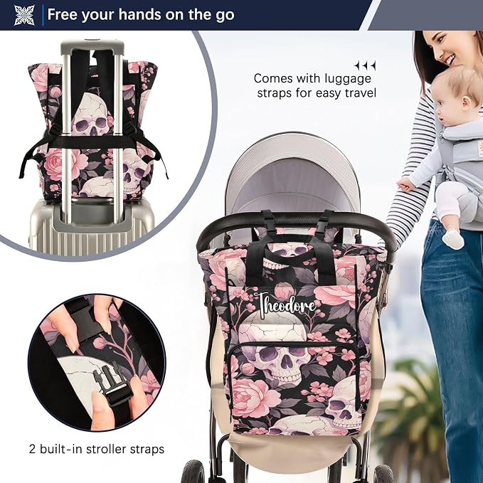 Custom Name Vintage Red Rose Skull Diaper Bag Stroller Straps Gift Mom Dad