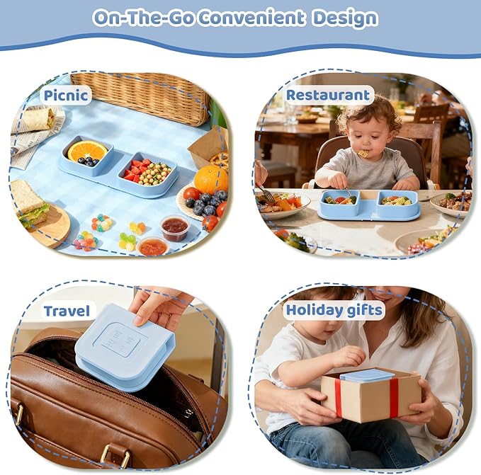 Blue Silicone Foldable Feeding Set, Travel Baby Feeding Supplies Including Toddler Plates, Silicone Baby Spoon&Fork, Adjustable Foldable Bib, Portable Infant Toddler Utensils