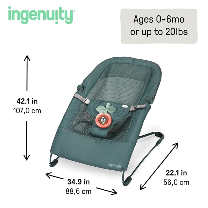 Ingenuity Stow & Go Compact Folding Baby Bouncer, Lightweight Portable Seat with Vibration, Green, Under 5 lbs
