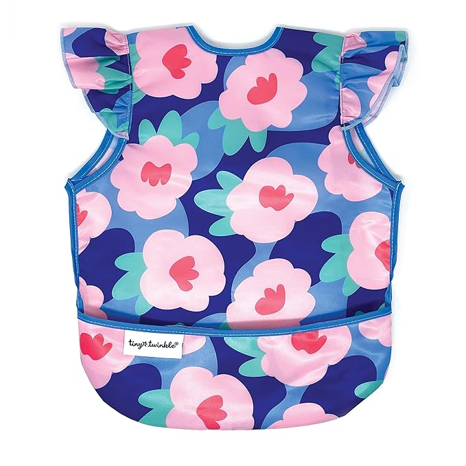 Tiny Twinkle Mess Proof Baby Bib for Girls | Waterproof Toddler Bib for Eating | Baby Apron for Feeding | Machine Washable | Perfect Shower Gift (Floral Blue, 6??4M)