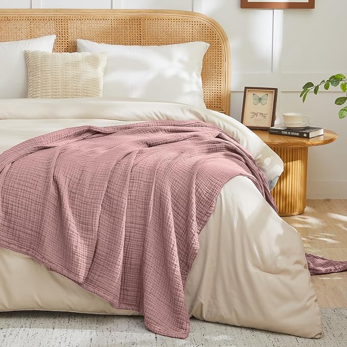 EMME Cotton Blanket King Size for Bed Soft Muslin Blankets Lightweight Breathable Layering Bedspread Coverlet All Season Gauze Blanket, Light Tan (Dusty Pink, 108"x90")