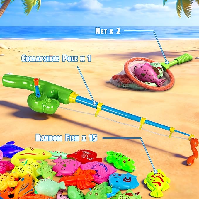 CozyBomB??Magnetic Fishing Toys Game Set for Kids | Water Table Bathtub Kiddie Pool Party Pole Rod Net, Outdoor Plastic Floating Fish, Toddler Bath Color Ocean Sea Animals Birthday Gift Age 3-5 6 4-8