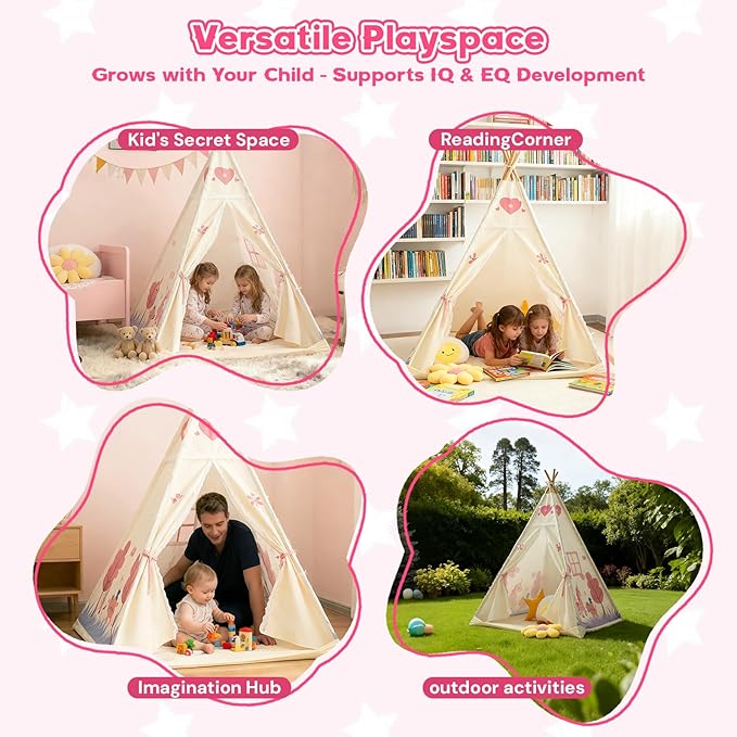 Teepee Tent for Kids, Play Tent with Padded Mat & Star Lights, Indoor Play Tent for Girls & Boys, Pink Unicorn