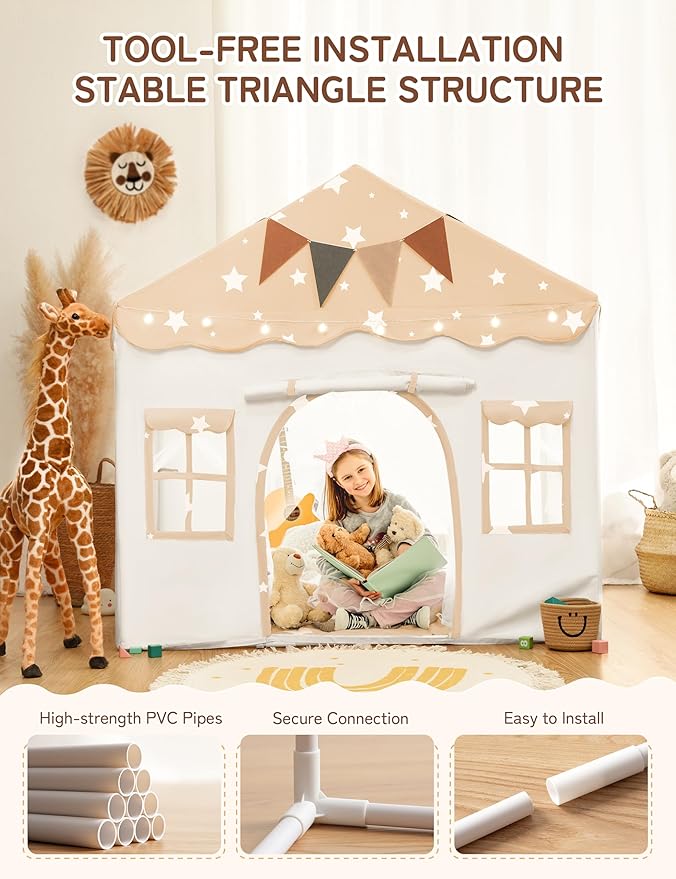 besrey Kids Play Tent 2 in 1 with Padded Mat and Lights, Large Kids Playhouse with 2 Doors & 4 Windows, Indoor & Outdoor, Christmas Toddler Tent, 51" x35" x 51" (White with Star)