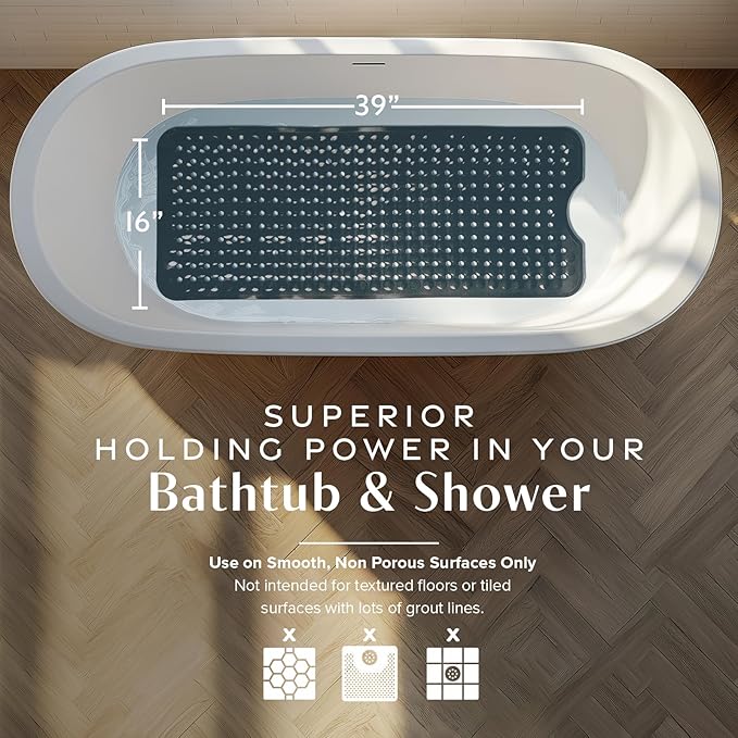 SlipX Solutions Power Grip Bathtub Safety Mat | Precision Grip Technology for Longer, Stronger, & Softer Wet Surface Protection | Solid Black 39"x16"