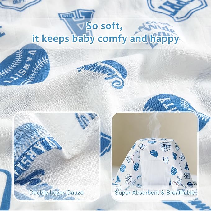 Muslin Swaddle Blankets for Newborn, Large 47"x47" Soft Breathable Bamboo Cotton Baby Blanket, Lightweight Receiving Blanket for Boys and Girls, Classic Baseball