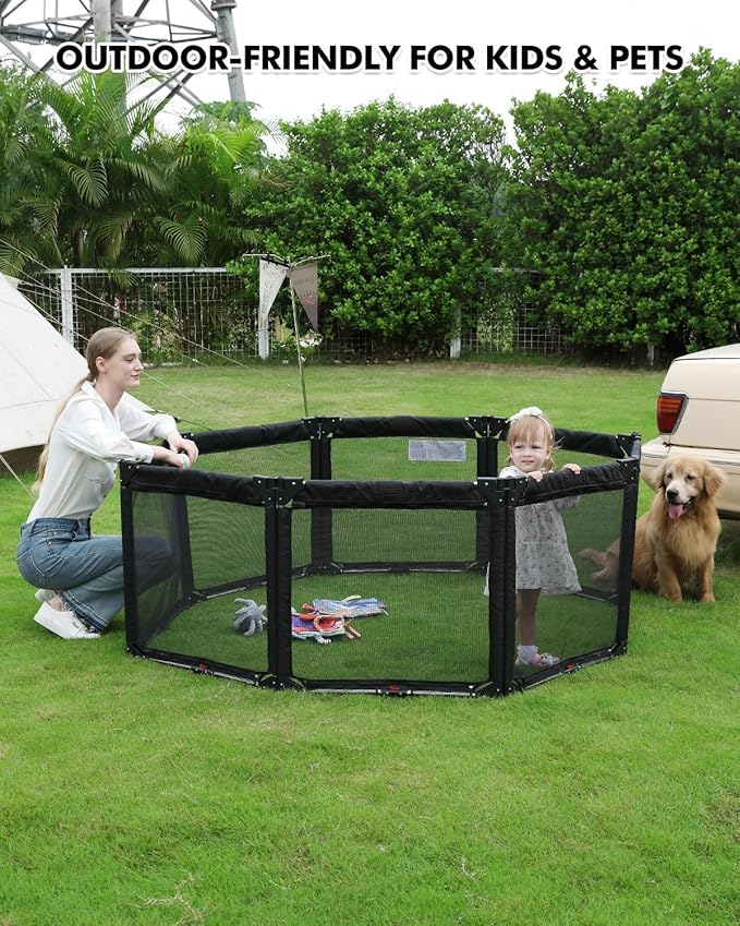 Extra Wide Baby Gate Playpen with Heat-Resistant Mesh,8 Panel Foldable Baby Fence,Indoor/Outdoor Safety Barrier,Dog Playpen & Fireplace Gate