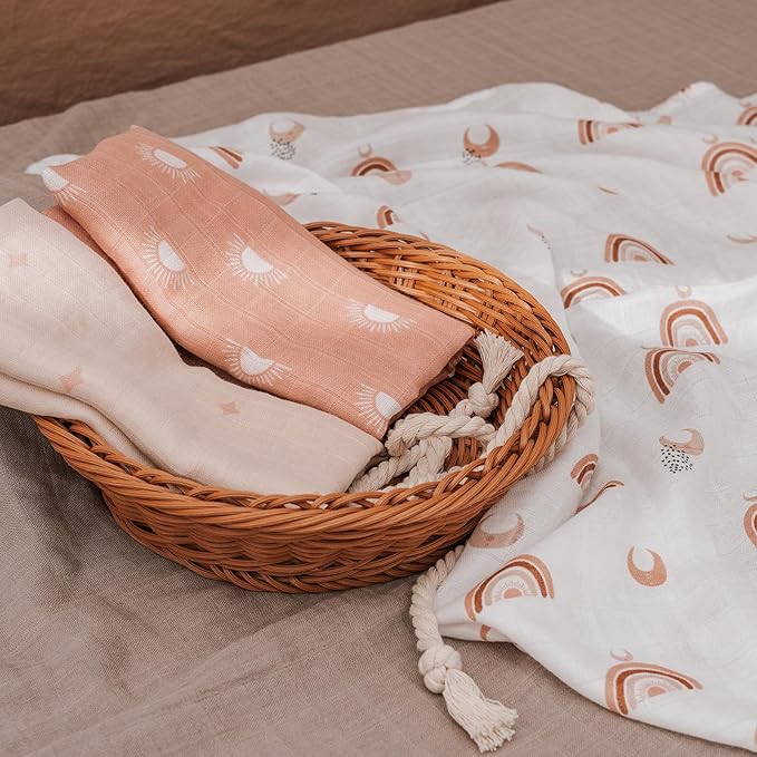 GLLQUEN BABY Receiving Blanket Boy Cotton Muslin Swaddle Blankets Girl Newborn Squares Breathable & Soft Thin Baby Blankets Cloths Double Absorbent Infant Swaddling Wrap - 3 Pack (Sun)
