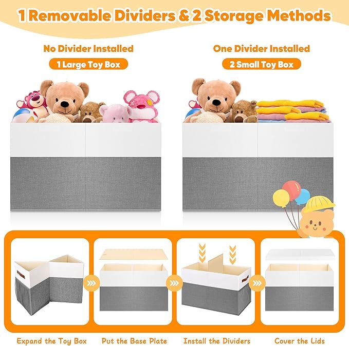 Mabahoo Large Toy Box, Collapsible Sturdy Storage Chest With Lids, Kids Toy Chest Storage Organizer Toddler Bin Boxes for Living Room, Bedroom, Nursery, 25"x13"x16", White & Gray