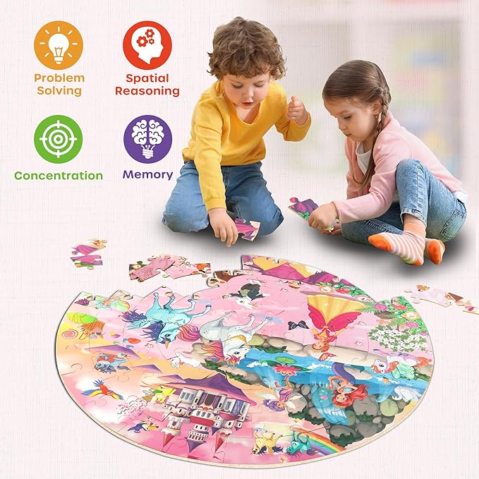 SYNARRY Unicorn Princess Mermaid Fairy Floor Puzzle for Kids Ages 3-5, Large 70 Piece Wooden Puzzle for Kids Ages 4-6, Preschool Toys Gifts for 3 4 5 6 7 8 Years Old Boys Girls Children